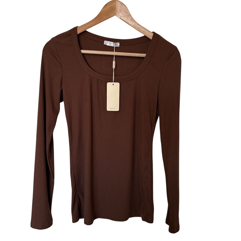 Ekouaer Ribbed Knit Top Womens Medium Brown NEWโ Scoop Neck Long Sleeve Slim Fit